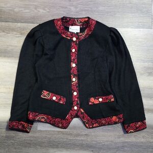Vtg Matthew & David Black Knit Jacket 8P Tapestry Trim Pearl Buttons